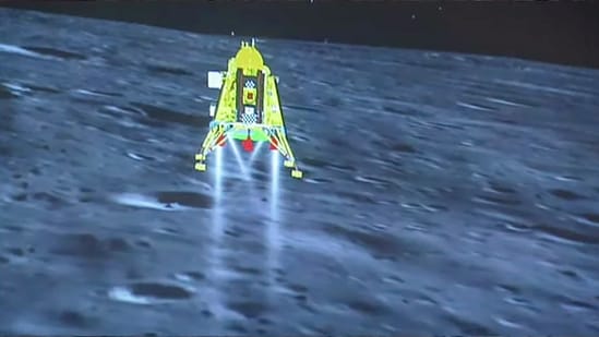 A screenshot shows a representation of Chandrayaan-3's successful landing on the Moon's surface, Wednesday, Aug. 23, 2023. (PTI Photo) 