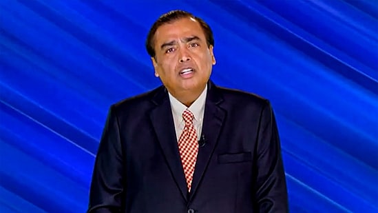 Reliance Industries Chairman Mukesh Ambani speaks during the 46th Annual General Meeting of Reliance Industries Limited, on Monday.(PTI)