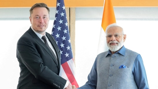 Prime Minister Narendra Modi shakes hands with Tesla chief executive Elon Musk during a meeting in New York City,(via REUTERS)