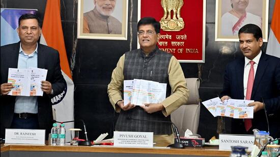 Commerce minister Piyush Goyal launches the E-Commerce Export Handbook for MSMEs by the Directorate General of Foreign Trade on Thursday. (ANI)