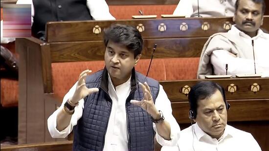 Union minister Jyotiraditya Scindia speaks in the Rajya Sabha on the first day of the winter session of Parliament on Monday. (PTI Photo)