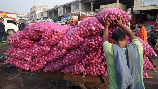  A worker loads a sack of onions on a cart at Azadpur Mandi(PTI)