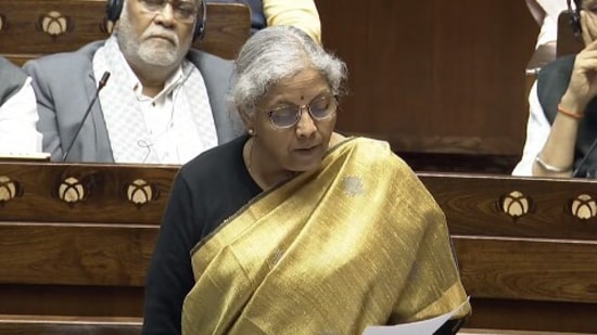 Finance minister Nirmala Sitharaman speaks in the Rajya Sabha on Thursday. (Sansad TV)