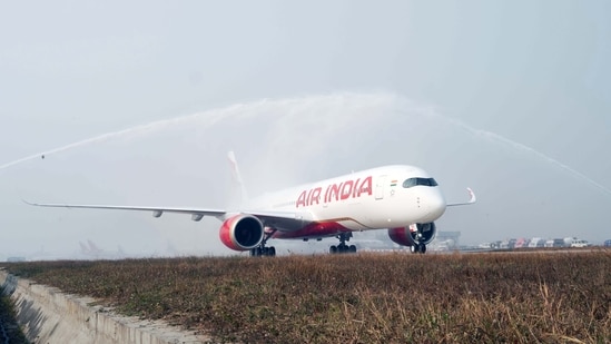 Air India's first Airbus A350-900 (VT-JRA) touches down at Delhi Airport in New Delhi on Dec 23.(ANI)