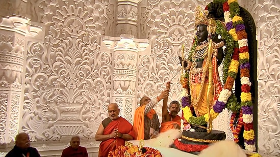 The idol of Ram Lalla during the 'Pran Pratishtha' ceremony at the Ram Mandir, in Ayodhya, Monday, Jan. 22, 2024. (PTI)