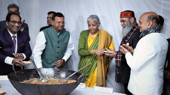 Union finance minister Nirmala Sitharaman at 'Halwa Ceremony' last year.(X/@FinMinIndia)