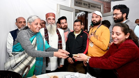 Union finance minister Nirmala Sitharaman during the Halwa ceremony as the final stage preparations for the Interim Union Budget 2024 commences, in New Delhi on Wednesday. (Ministry of Finance-X)