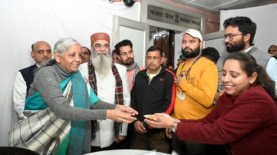 New Delhi, Jan 24 (ANI): Union Finance Minister Nirmala Sitharaman during the Halwa ceremony as the final stage preparations for the Interim Union Budget 2024 commences, in New Delhi on Wednesday. (ANI Photo)