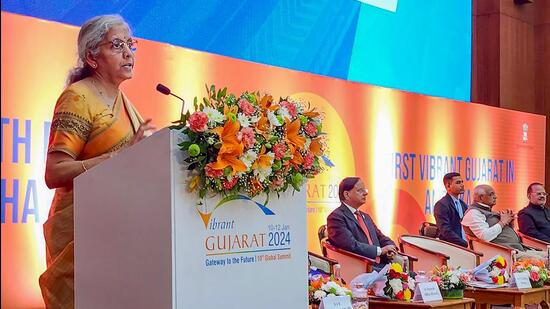 Union finance minister Nirmala Sitharaman at the Vibrant Gujarat Global Summit 2024 in Gandhinagar. (PTI Photo)