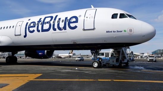 The change at the top will occur on Feb. 12. In pic, a JetBlue airplane is shown at John F. Kennedy International Airport in New York. (File)(AP)