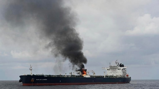 A view of the oil tanker Marlin Luanda on fire after an attack, in the Red sea.(AP)