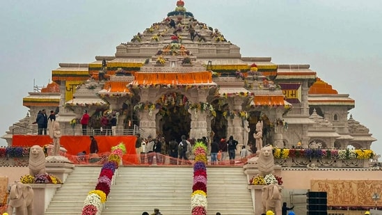 Ayodhya: Ram Mandir being decorated with flowers on the eve of its consecration ceremony, in Ayodhya, Sunday, Jan. 21, 2024. (PTI)