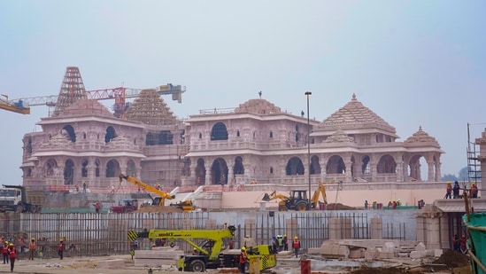 A construction crew works on Ram Mandir, a Hindu temple dedicated to Lord Ram in Ayodhya. (AP)