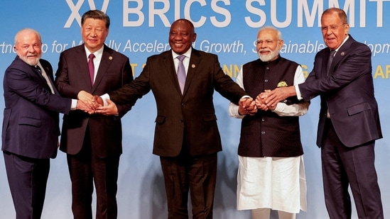 Prime Minister Narendra Modi with Brazilian president Luiz Inacio Lula da Silva, China's Xi Jinping, South African president Cyril Ramaphosa Russia's Foreign Minister Sergei Lavrov during the 2023 BRICS Summit Johannesburg, South Africa, on August 23 last year.(Reuters file)