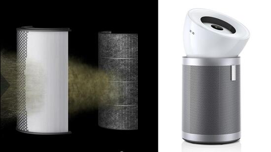 A blow-up of the filter with the HEPA and carbon layer and, (right) the white colourway of the Dyson Purifier Big+Quiet. (Official handout image.)