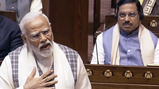 Prime Minister Narendra Modi replies to the debate on the motion of thanks to the President's address in the Rajya Sabha during the Interim Budget Session of Parliament, in New Delhi on Wednesday.(ANI)